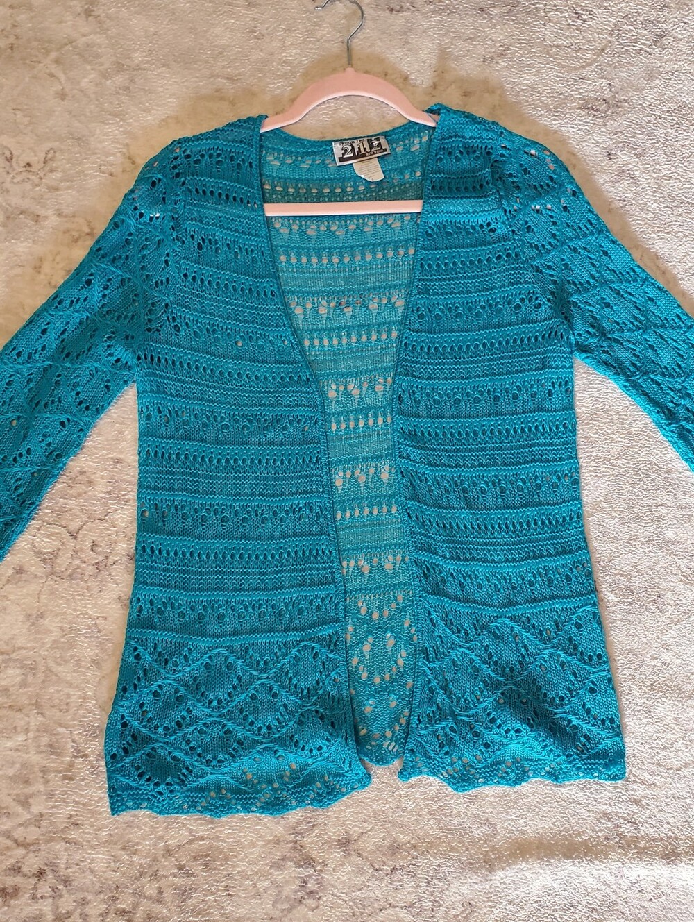 Women's Small Turquoise Crochet Knitted Open Cardigan